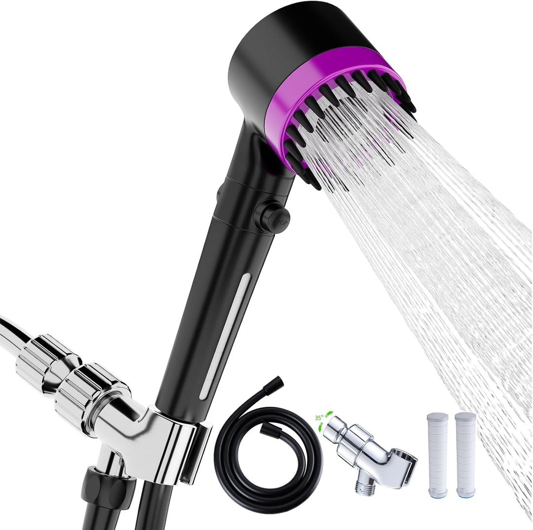 High Pressure Handheld Shower Head High Pressure Shower Heads- High Flow Even with Low Water Pressure - Hand Held Showerhead Set with 59Replacement Hose/Bracket and Cotton Filters (Black)