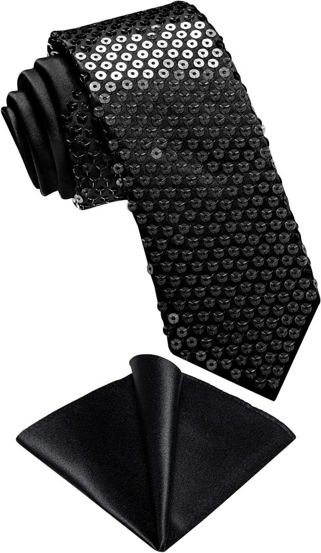 DiBanGu Mens Sequin Skinny Tie and Pocket Square Set,Shiny Solid Necktie Formal Satin Slim Ties for Party Wedding (Black)