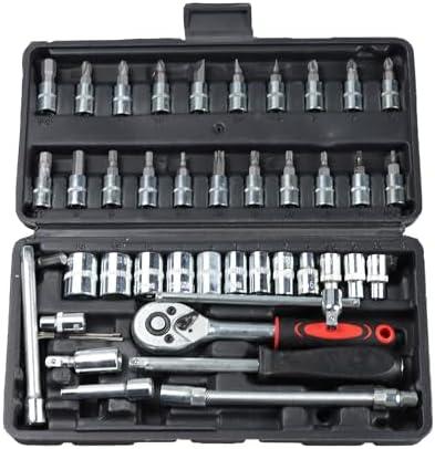 esahpss 46 Pieces Mechanic Tool Kit,1/4” Dr. Socket Ratchet Wrench Set Bit Sockets Extension Bar,Metric Mechanical Tool Kit for Auto Repairing Household