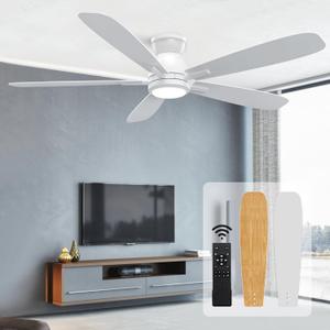 JINIU Ceiling Fans with Lights, 52 inch Flush Mount Ceiling Fan with Remote Control, 5 Blades, Reversible, Innovative Stepless dimming and Color Temperature, Ceiling Fan for Living Room, Bedroom (White)