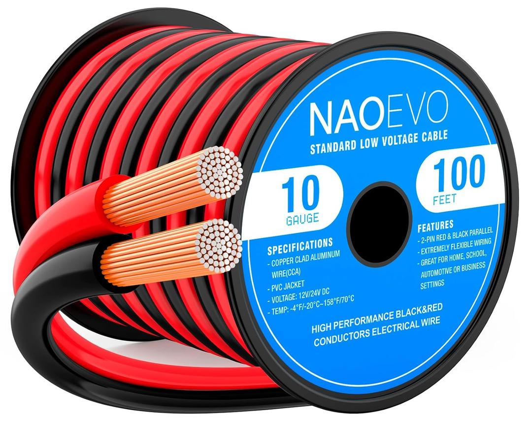 NAOEVO 10 Gauge Wire 100FT, 2 Conductors Electrical Wire Red Black Cable, Flexible/Low Voltage/PVC 10 AWG Copper Clad Aluminum Extension Cord for Speaker, LED Strips, Automotive 12V/24V DC
