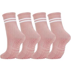 Womens 4Pcs Pilates Grip Socks Non Slip Yoga Socks with Grips Barre Hospital Athletic Socks for Women (Pink)