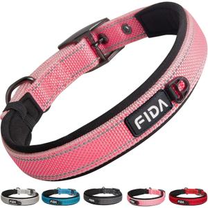 Fida Heavy Duty Dog Collar, Ultra Comfortable Soft Neoprene Padded, Adjustable Reflective Nylon Pet Collar with Durable Metal Belt Buckle for Large Breeds (L, Pink) (Large(19"-23"))
