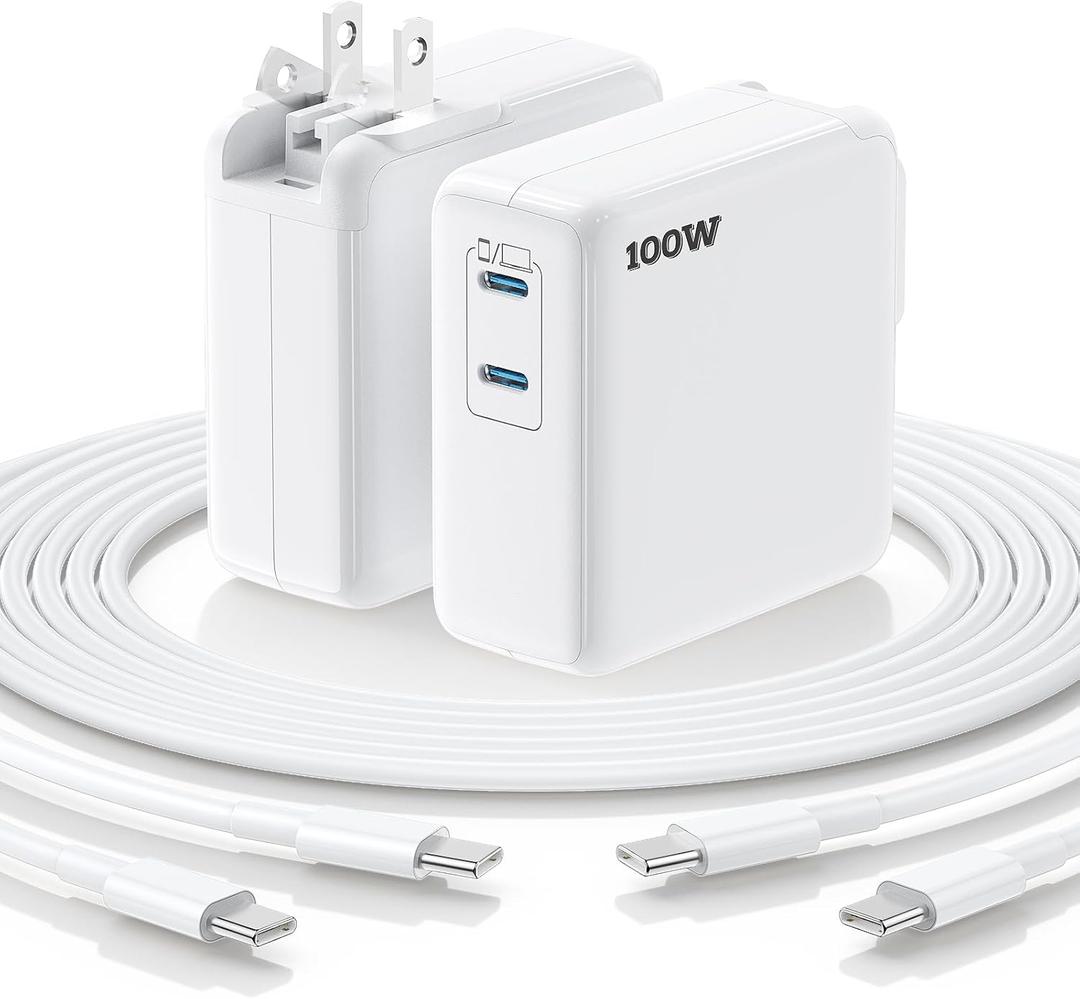 Essri MacBook Pro Charger,100W USB C Charger 2Pack with Foldable Plug,Dual 65W Ports Fast Charging for MacBook Pro Air,iPad Pro,iPhone 17/16/15,Includes 6FT+10FT USB C to C Cables - White