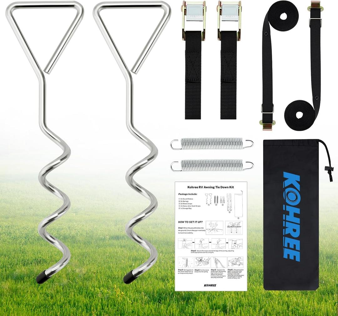 3 Pack Kohree RV Awning Tie Down Kit, Upgraded Heavy-Duty Camper Awning Anchors Kit Accessories, Durable Straps & Storage Bag, Easy Installation