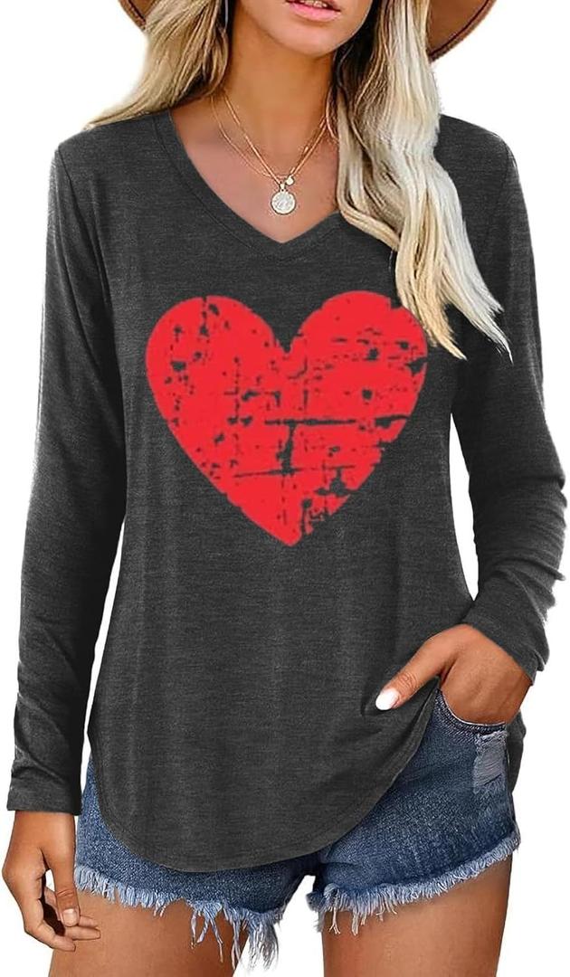 Valentine V Neck Shirt for Women Cute Love Heart Long Sleeve Casual Tee Tops (Large, 06agray)
