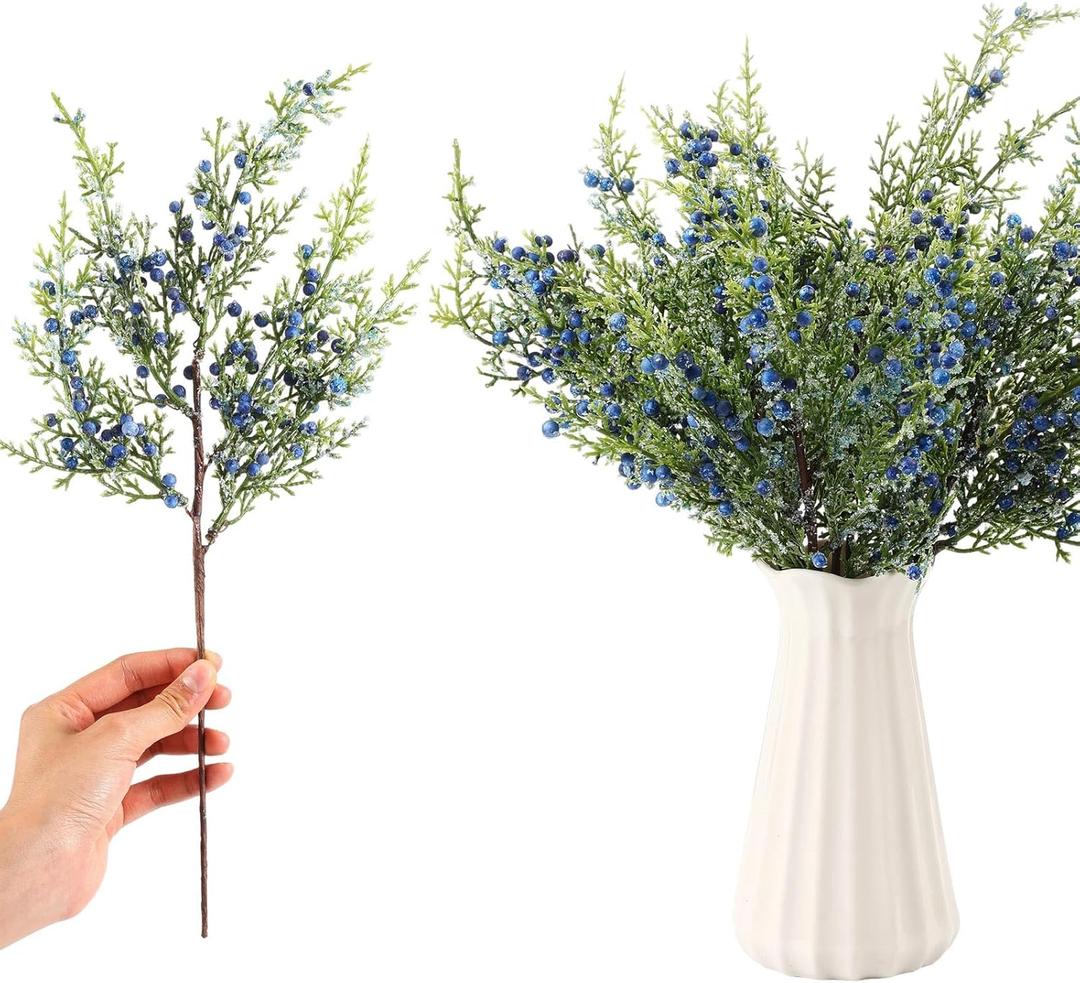 8 Pcs Winter Blue Berry Picks 16" Artificial Glitter Berry Juniper Tree Floral Greenery Stems Iced Winter Decor for Farmhouse Xmas Tree, Vase Fillers, Wreaths, Fireplace Mantels