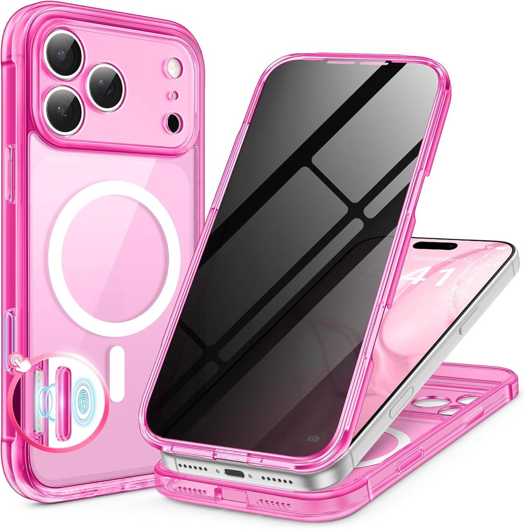 BERFY for iPhone 17 Pro Case, Compatible with MagSafe, Built-in Privacy Screen Protector and Camera Protection, Anti-Spy Full Body Shockproof Clear Phone Case for 17 Pro 6.3", Bright Pink