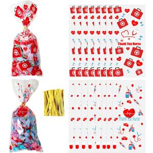Qpout 100 PCS Nurses Week Gift Bags Bulk 2025, Thank You Cellophane Bag, Nurse Week Clear Gift Bags Small, Nurse Day Nursing Graduation RN Party Favors Goodie Candy Treat Snack Bag, 1 Count