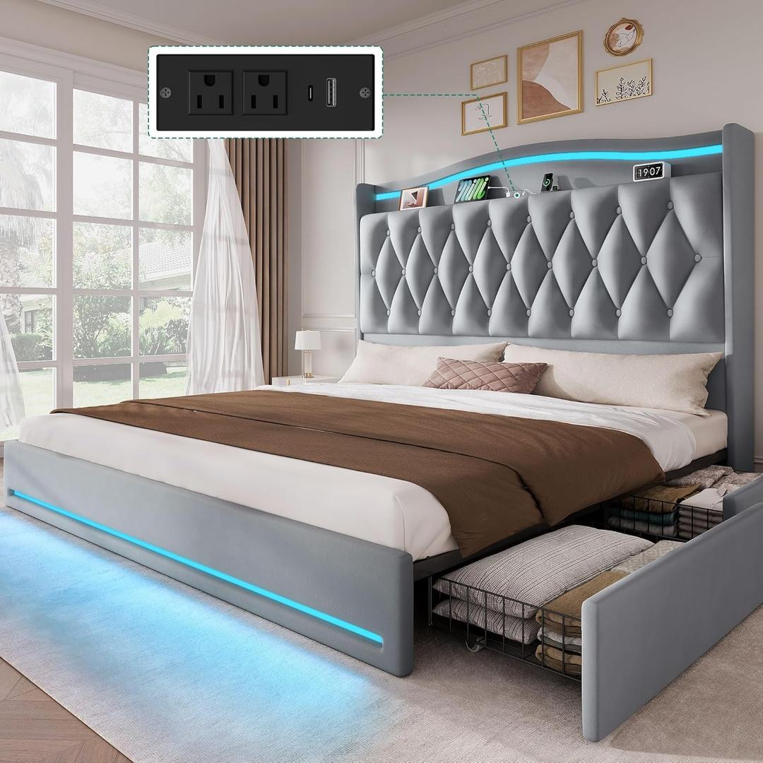 YITAHOME King Size Bed Frame with 4 Storage Drawers and RGB LED Lights, 57'' Tall Headboard Velvet Upholstered Bed with Charging Station, No Box Spring Needed, Easy Assembly, Noise-Free, Grey
