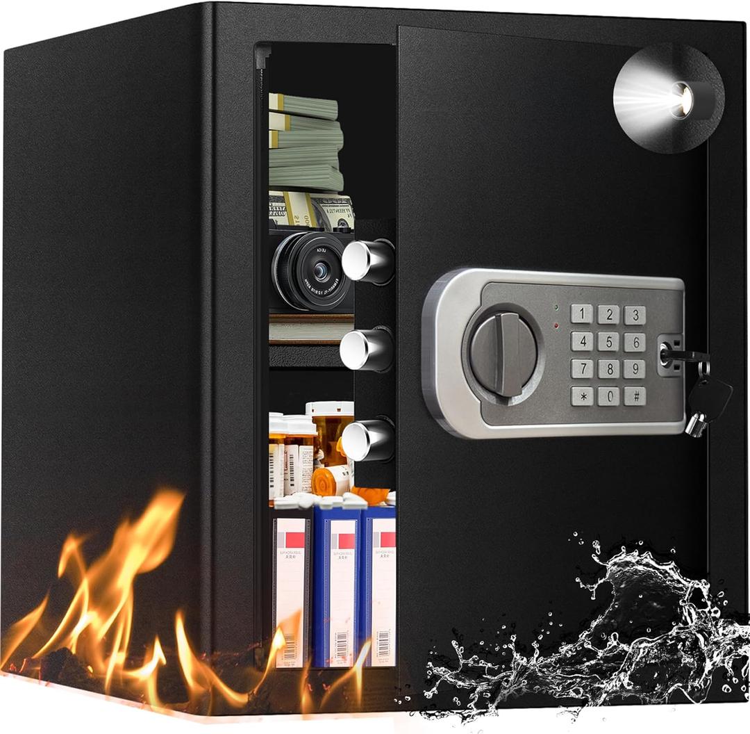 YAYAG Home Safe Box, 2.5 Cu Ft Steel Safety Safe Fireproof Waterproof with Emergency Battery Box - Digital Keypad & Keys, Removable Shelf, Personal Security Document Combination Lock for Office