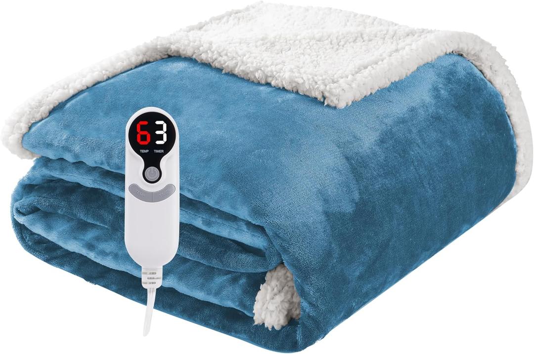 Electric Heated Blanket Throw Size 50"x60", Soft Flannel with Overheat Protection, 9 Adjustable Heat Settings & 10-Hour Auto-Off Timer, Fast Heating for Winter Comfort, Blue