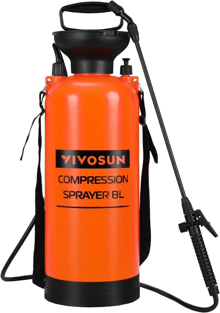 VIVOSUN Pump Sprayer 2 Gallon, Pressurized Lawn & Garden Water Spray Bottle with Adjustable Shoulder Strap, Pressure Relief Valve, for Spraying Plants, Garden Watering and Cleaning (Orange)
