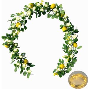 Upgraded Dense Artificial Lemon Garland with Lights Spring Summer Greenery Lemon Vine Plants Faux Fruit Cute Flowers Hanging Wreath for Wedding Home Garden Mantel Table Party Christmas Decor