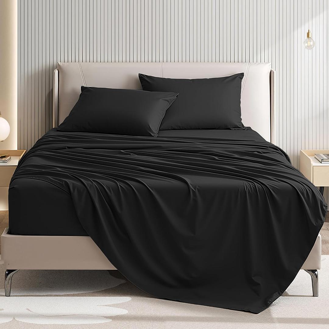 Queen Size 4 Piece Bed Sheet Set - Ultra Imitation Cotton-Premium Breathable & Cooling Sheets - Hotel Luxury Bed Sheets Deep Pocket up to 15"- Wrinkle, Fade, Stain Resistant (Black, Queen)