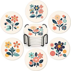 Boho Set of 6 Coasters for Drinks Absorbing Round Ceramic Stone Coaster with Cork Base,Tabletop Protection Mat for Mugs and Cups,Office,Kitchen (Boho Flower)