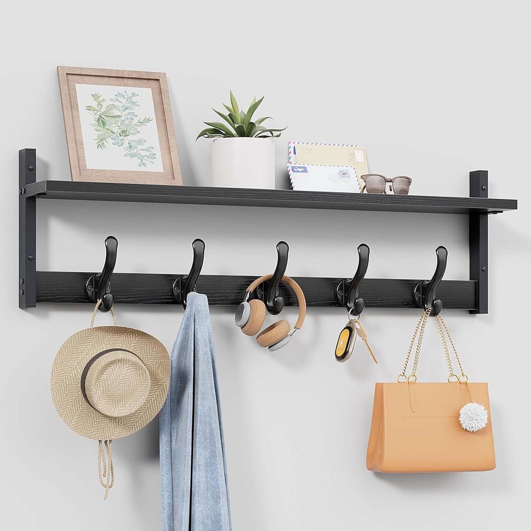 Tatub 29" Rustic Coat Rack Wall Mount with Shelf, Entryway Wall Hooks with Shelf, Coat Hangers for Bathroom, Living Room, Bedroom, Black
