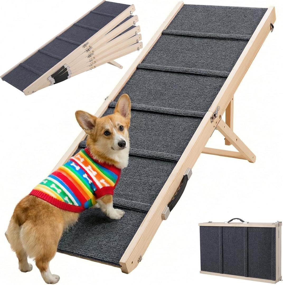 Dog Ramp for Bed & Couch - Extra 51.2" Long Adjustable Height 9.5" to 24" Wooden Non-Slip Pet Ramp, Portable Foldable Doggie Car Ramp for Small Medium Large Dogs, 200 LBS Load