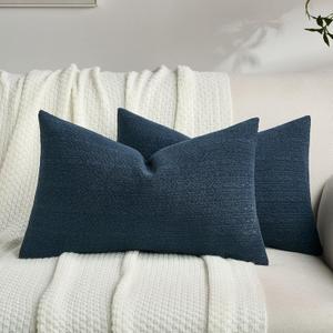 FUTEI Pack of 2 Solid Chenille Throw Pillow Covers 12x20 Inch Soft Farmhouse Decorative Accent Lumbar Pillowcases Modern Home Decor for Couch Living Room, Navy Blue