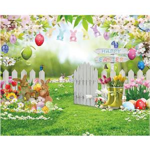 10X8FT Spring Easter Garden Photography Backdrop Easter Backdrops for Photography Green Grass Lawn Pink Floral Fence Background Baby Children Birthday Party Decorations Banner DH-1104
