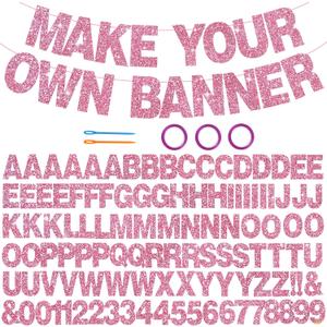 BEISHIDA 116 PCS A-Z Glitter Pink DIY Letter Banner Kit Make Your Own BannerIncluding 111 Letters and Numbers 3 Rope and 2 Threading Device,Customized for Birthday Graduation Wedding Party Decor