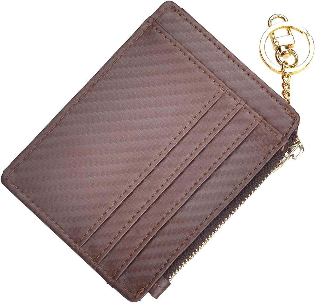 woogwin Slim RFID Credit Card Holder for Women Mini Front Pocket Wallet Purse With Keychain (Carbon Fiber Leather Coffee)