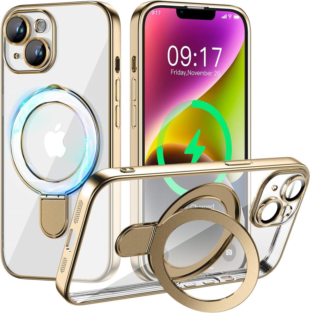 Magnetic for iPhone 14 Case with Invisible Stand[Compatible with MagSafe][Full Camera Lens Protector][Military Drop Protection] Shockproof Not Yellowing Clear Slim Soft for Women Men (Gold)