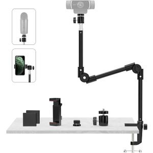 Webcam Stand Camera Desk Mount with Phone Holder & 5/8" Screw - 22" Flexible Projector Stand Gooseneck Desk Mic Stand for Logitech C922 C930e C920 C615 C960 Brio 4K, GoPro, Blue Yeti Snowball Ice