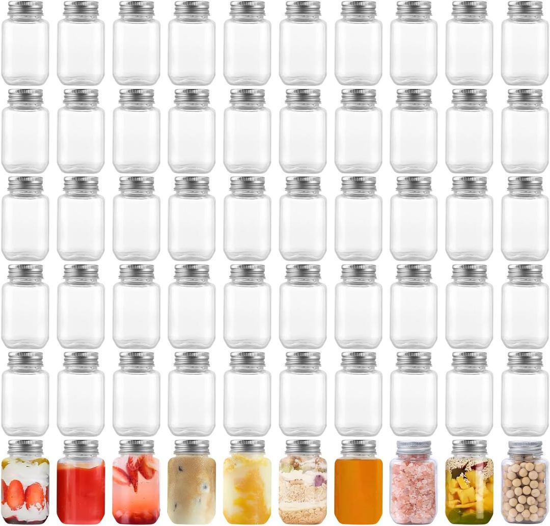 novelinks 2oz Plastic Mason Jars with Silver Lids, 60 Pack Mini Containers for Honey, Jam, Spices, Beads, Crafts, Party Favors  Small Empty Storage Jars