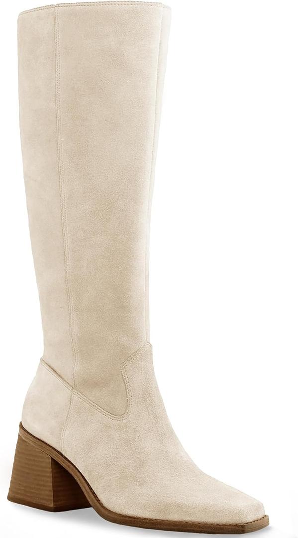 Coutgo Women's Knee High Boots Wide Calf Square Toe Chunky Heeled Pull-on Boot (Beige)