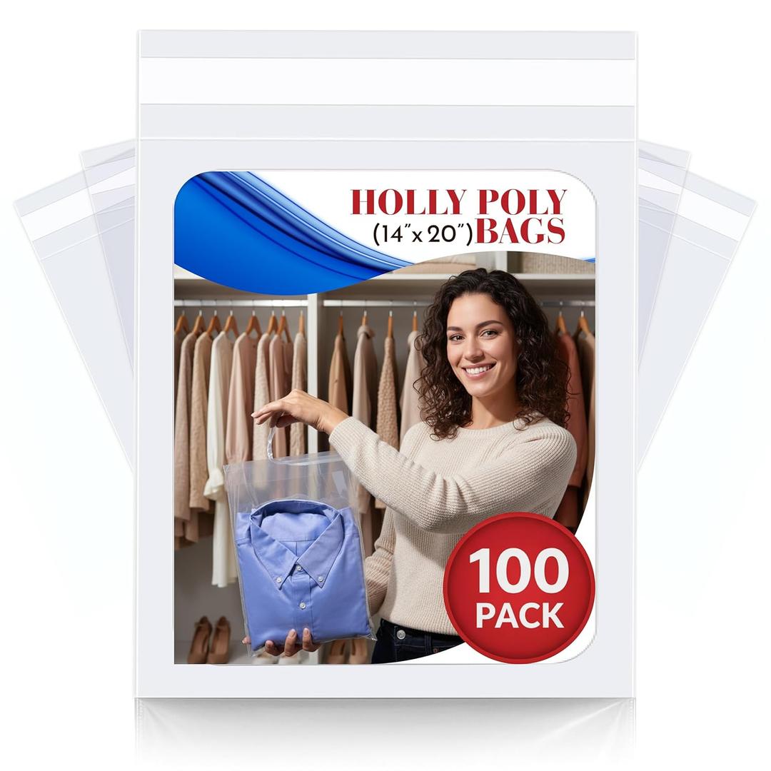 100 Industrial Strong Clear Poly Bag - 14 x 20 - Clear Poly Bags For Clothing - Clear Bags For Packaging - Super Strong Seal with Suffocation Warning