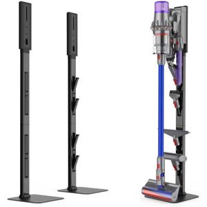 Vacuum Stand for Dyson with Foldable Storage Hooks and Heavy-Duty Carbon Steel Base, No Drill Installation, Space-Saving Organizer for All Dyson Cordless Vacuums & Accessories (black)