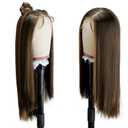 13x4 Synthetic Lace Front Wig for Women Ombre Brown with Highlight Long Straight Lace Wig Pre-Plucked Lace Wigs with Baby Hair 26inch Wigs for Beginner Friendly