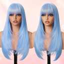 Light Blue Long Straight Layered Wig with Bangs for Women 26 inch Put on Go Realistic Synthetic Heat Resistant Natural Wig for Girls Party Cosplay and Daily Use