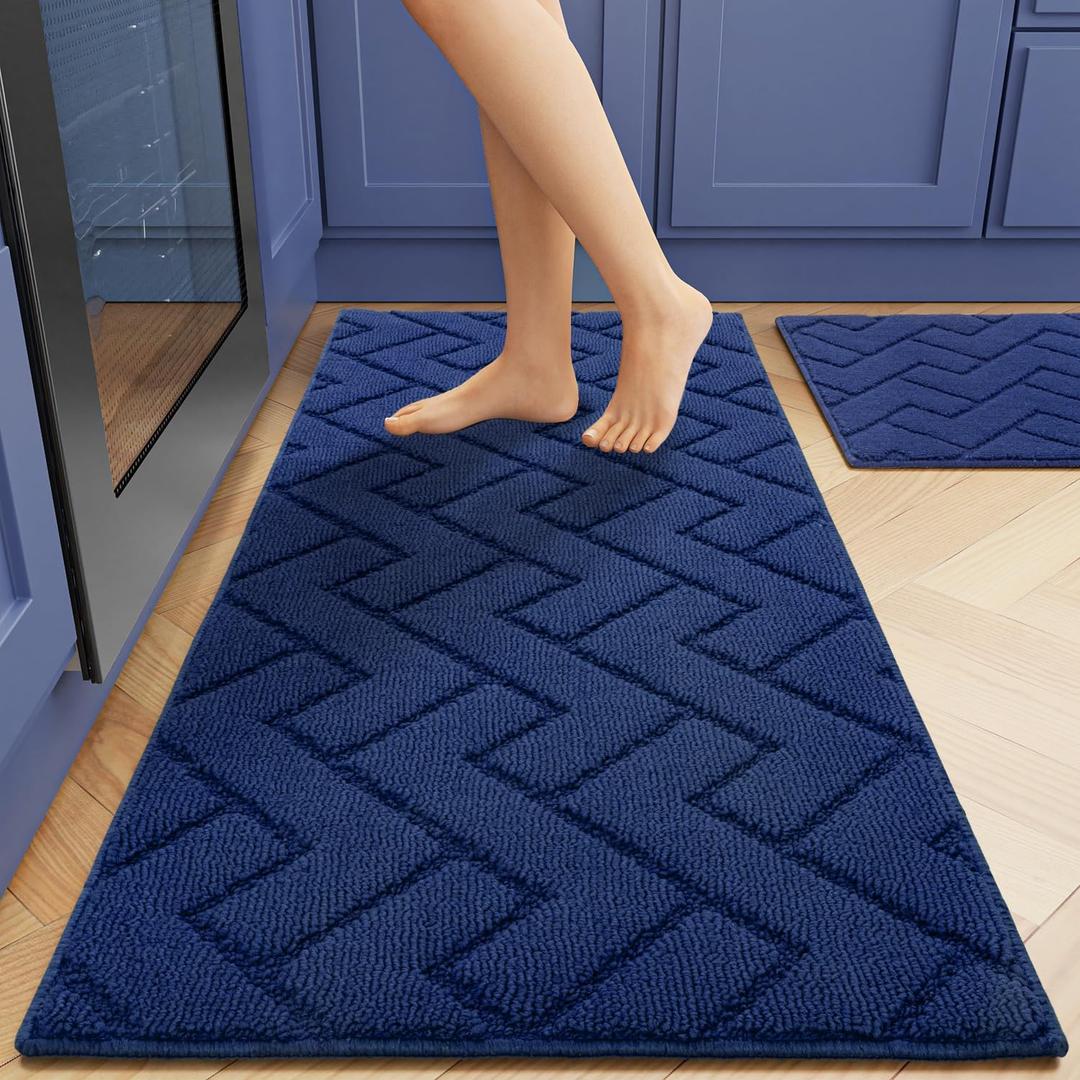 hicorfe Kitchen Rugs and Mats Sets,2 Pieces Super Absorbent Polypropylene Non-Slip Rug,Soft Comfort Floor Mat,Washable for Kitchen,Hallway,Office,Sink,Laundry(20" x 31.5"+20" x 48",Navy Blue)