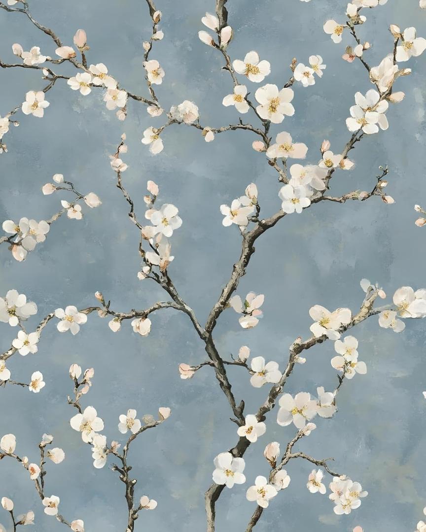 Fvlow Blue Blossoming Branches Floral Wallpaper Peel and Stick 17.4" x 394" boho treetops Contact Paper White Flowers Wallpaper Removable Self Adhesive Covering for Bedroom Cabinet Bathroom Home Decor