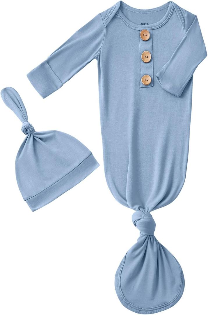 Newborn Baby Boys Girls Knotted Gown Hat Set Soft Bamboo Viscose Infant Sleeper Baby Sleep Gown with Mittens (0-3 Months, Dusty Blue)