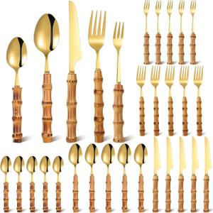 Eboot Bamboo Silverware Set 18/8 Stainless Steel Tableware Set Natural Utensil Flatware Kit Spoon Fork Knives Bamboo Handle Cutlery for Kitchen Wedding Home Restaurant Party(Gold,30 Pieces)