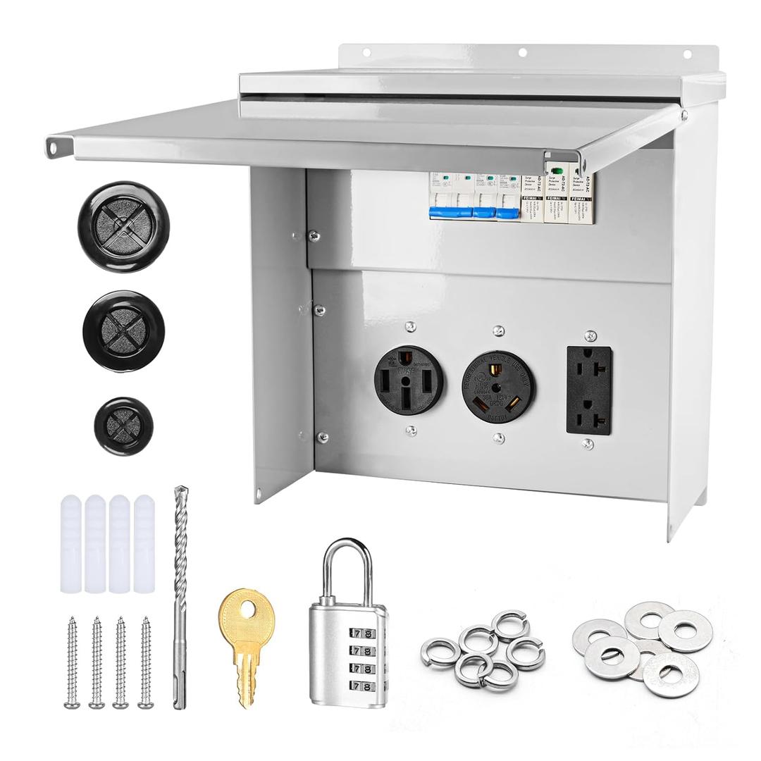 Surge Protected RV Electrical Panel, 50/30/20 Amp RV Outlet Box, Circuit Breaker, Weatherproof, Prewired, for RVs, Campers, Trailers