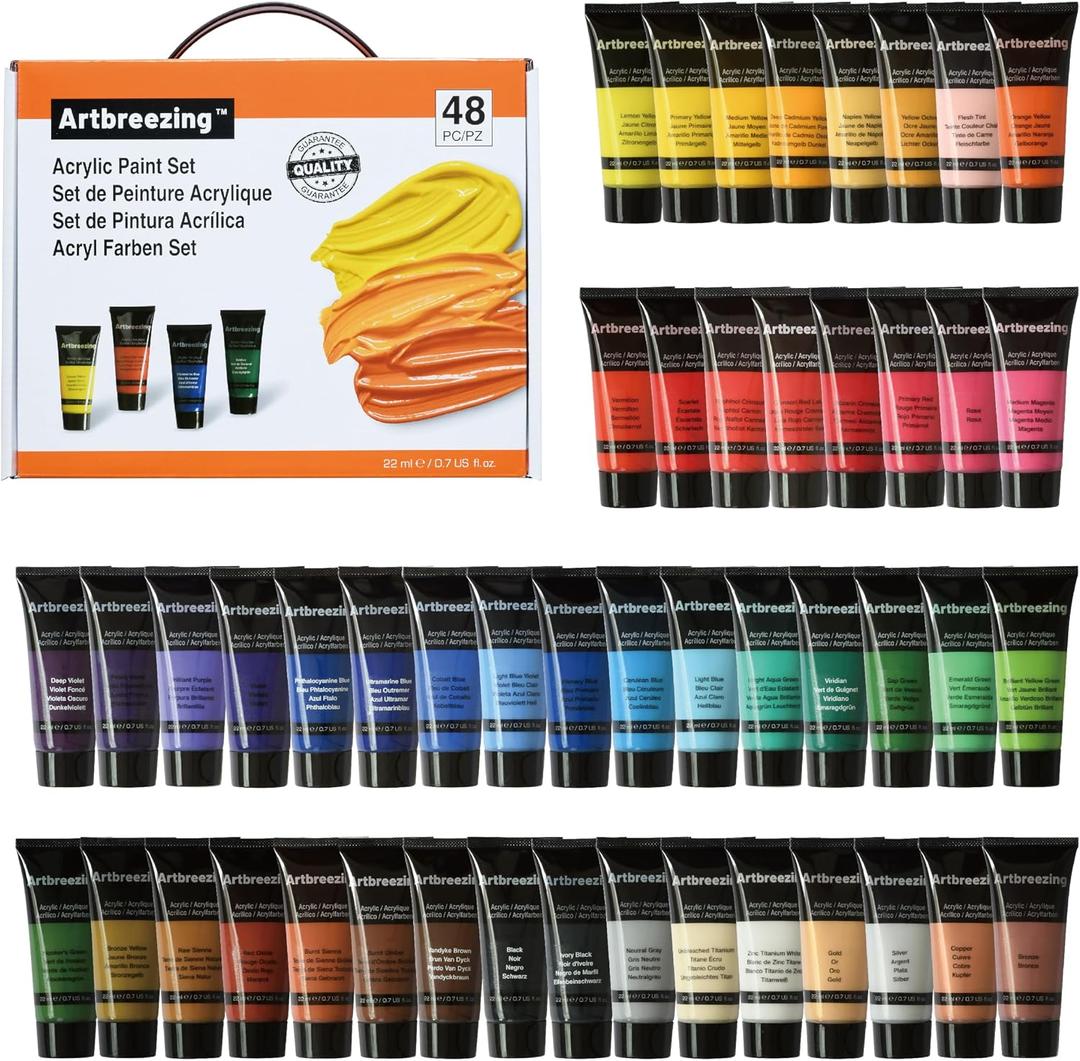 Acrylic Paint Set,48 Colors 0.74 oz/22ml Tubes,Highly Pigment Art Paints for Canvas,Wood,Fabric,Paper, Giftable Choice for Artists,Beginner to Pro (48 Colors), 0.7 Fl Oz