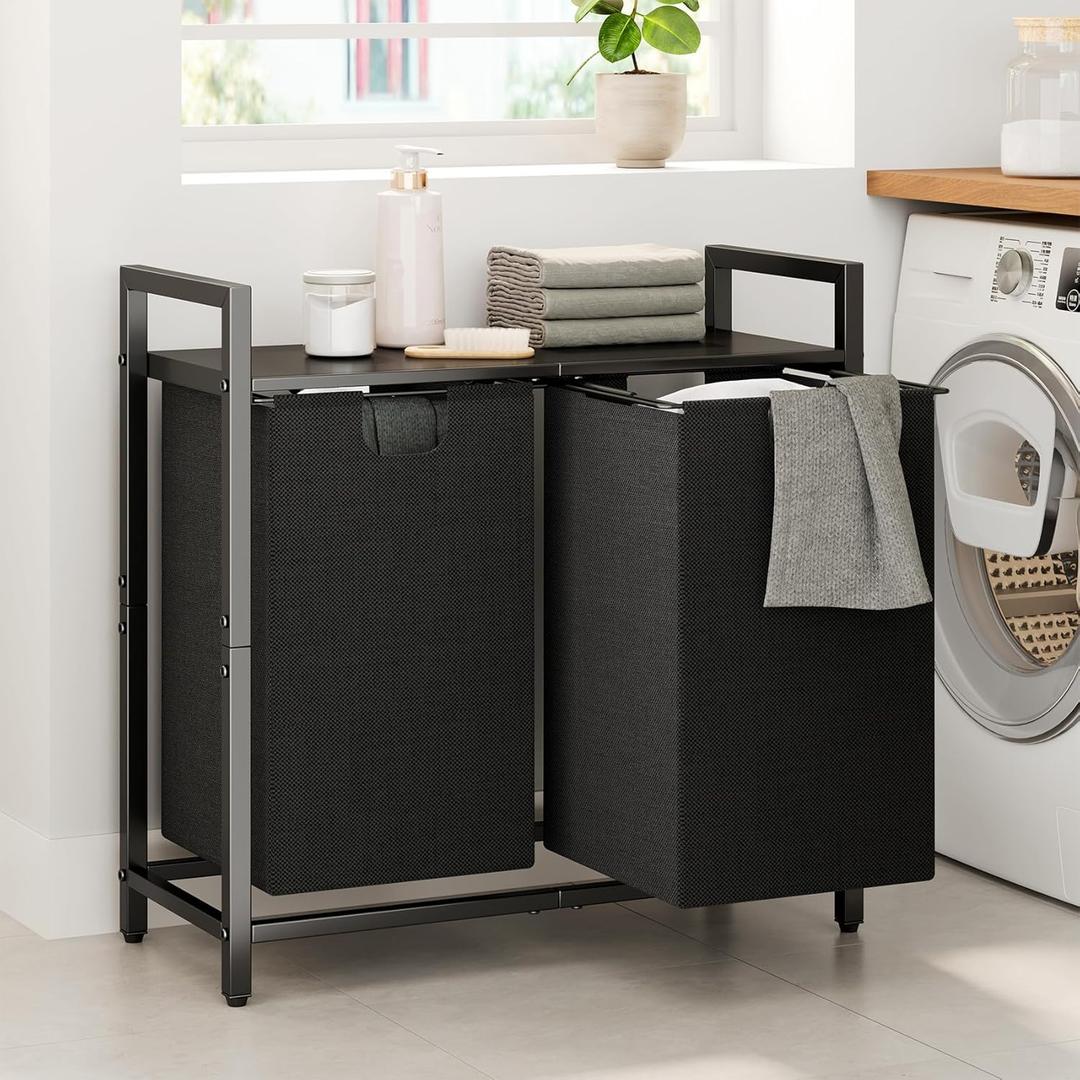 Kitstorack Laundry Basket Organizer, Laundry Hamper with Shelf & 2 Pull-Out Removable Bags, Dirty Clothes Hamper Organizer for Laundry Room Bathroom and Dorm, 2 x 11.8 gallons (44.5L) (Black)