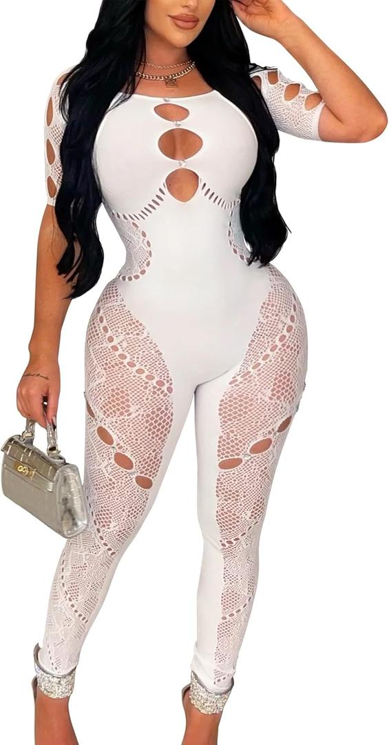 ZileZile Women's Sexy See Through Outfit One Piece Bodycon Cut Out Mesh Jumpsuit (White)