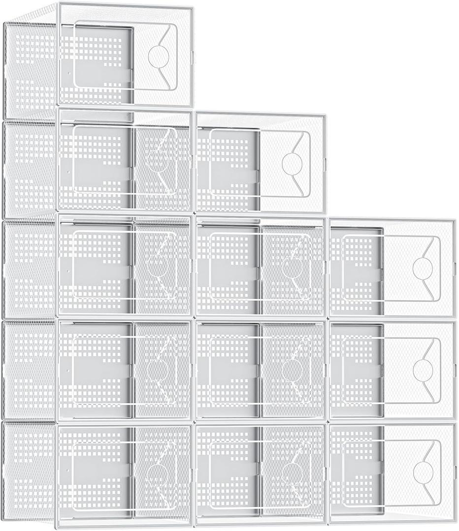 DUMOS 12-Pack Shoe Storage Boxes, Clear Shoe Containers with Lids, Stackable Sneaker Case Organizer for Closet, Under Bed, Entryway,White (Fit Size 9)