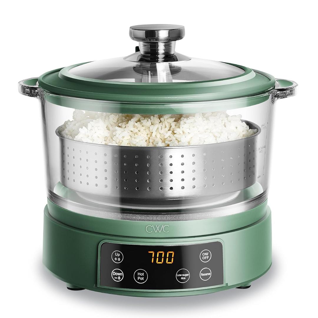 COOK WITH COLOR 3L Glass Mini Low Carb Rice Cooker  Holds 2 Cups Raw/Makes 6 Cups Cooked with Auto Lift Filter Basket, Hotpot & Steamer for Rice, Grains, Digital Panel with Keep Warm, Dark Sage