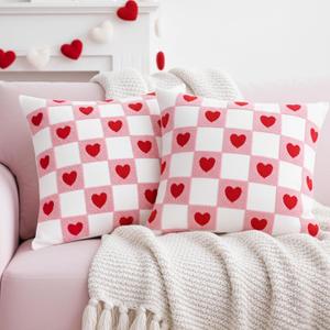 DN DECONATION White and Pink Checked Pillow Covers 18x18, Set of 2 Spring Decorative Throw Pillow Covers with Red Heart, Soft Plush Pillowcase for Couch Bed Sofa Living Room Home Decor Indoor
