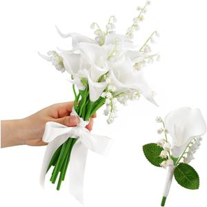 XunYee 16 Pcs Bride Bouquet Set Include 10 White Calla Lily Artificial Flowers 5 Faux Lily of The Valley 1 Groom Boutonniere Pin Bridesmaid Floral Bouquet for Wedding Party Ceremony Anniversary Decor