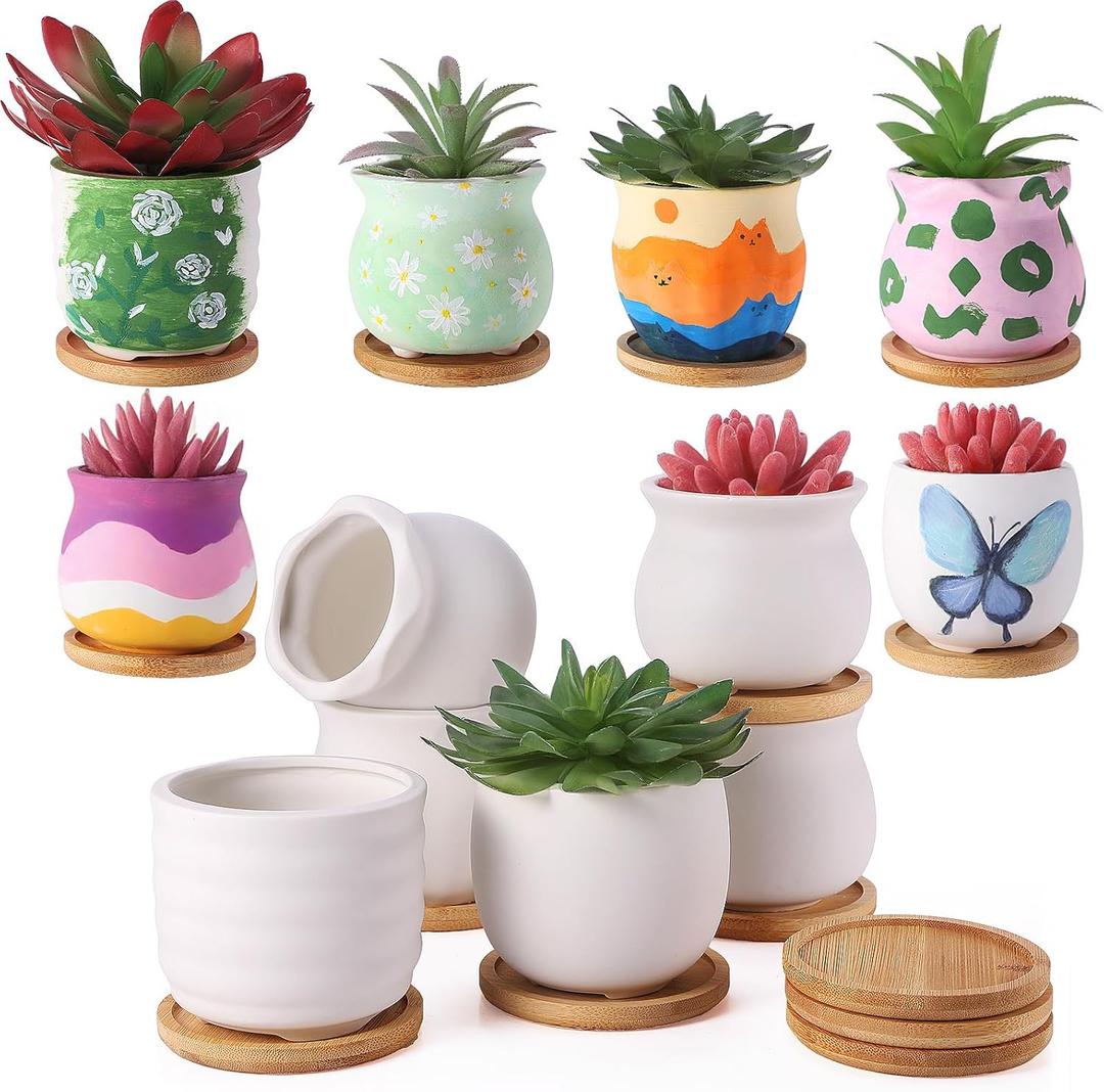 Remerry 6 Pcs 3.5 Inch Mini Succulent Pots with Bamboo Tray White Ceramic Pots Color Your Own DIY Small Planters Containers for Flower Cactus with Drainage Hole for Plant Lover
