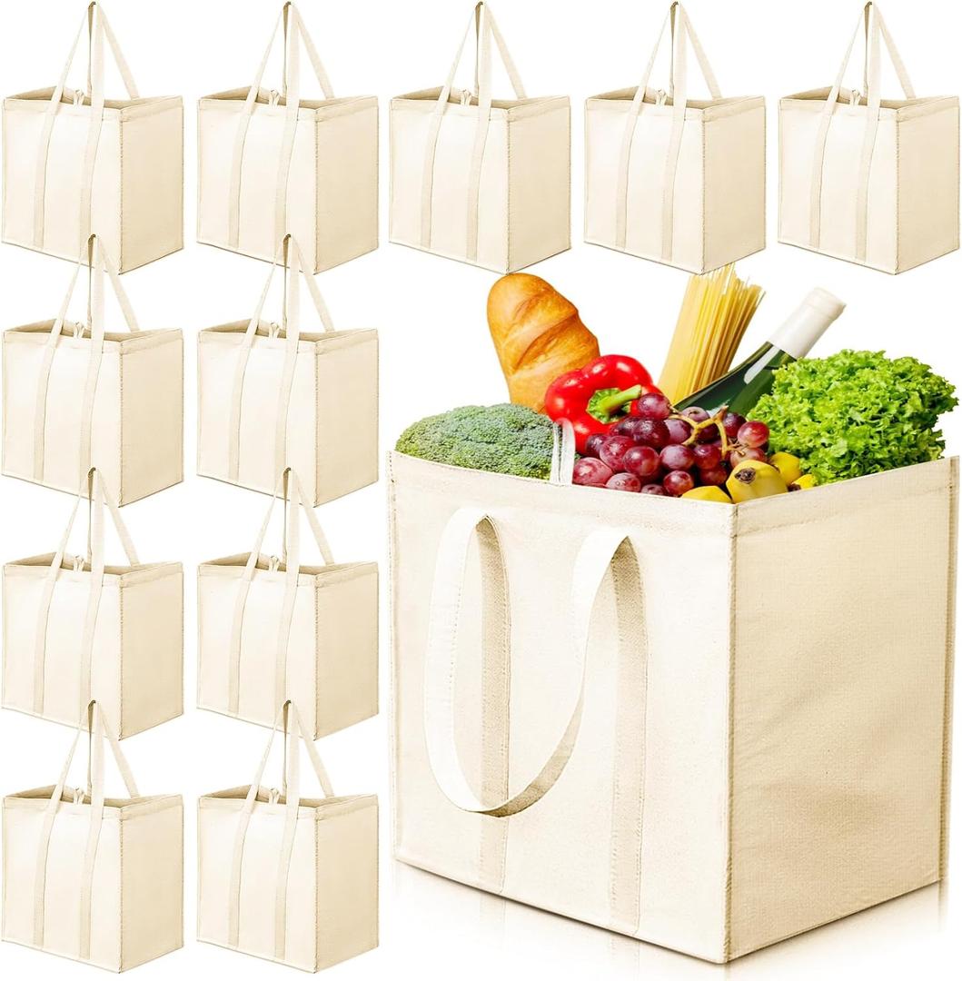 Amylove 12 Pack Canvas Tote Bag Canvas Grocery Bag Large Reusable Heavy Duty Shopping Pouches Bulk with Handle 15 x 13 x 10'' (Beige)