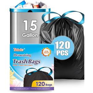 15 Gallon 120 Counts Strong Drawstring Trash Bags Garbage Bags by Teivio, Bathroom Trash Can Bin Liners, Plastic Bags for home office kitchen, Black