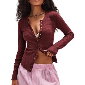 Besshopie Womens Lightweight Cardigan Button Down Long Sleeve Cardigans Crew Neck Waffle Knit Open Front Tops (Small, Burgundy)